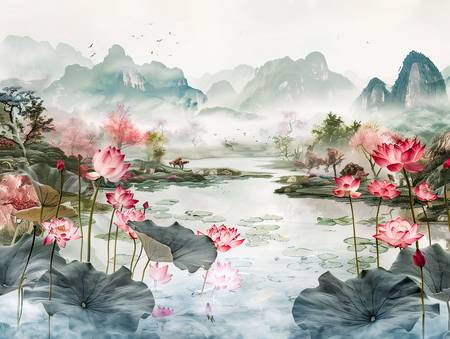 Chinesische Lotosblumen am Teich. Berglandschaft. 2024