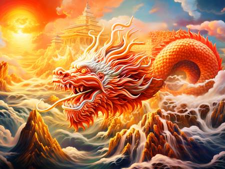 Der Feuerdrache im Glanz des Sonnenuntergangs. Chinesischer Drachen 2023