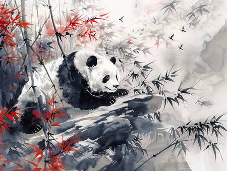 Großer Panda liegt im Bambuswald. Ink Zeichnung. 2024