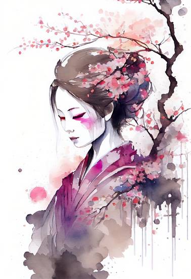 Japanische Kirschblüte. Porträt einer Geisha im Frühling. 2022