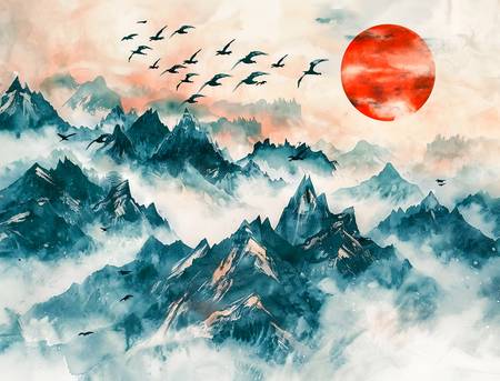 Vögel fliegen über Chinas Berge der roten Sonne entgegen 2024