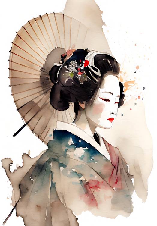Traditionelle japanische Geisha mit Kimono und Sonnenschirm. Aquarell von Anja Frost