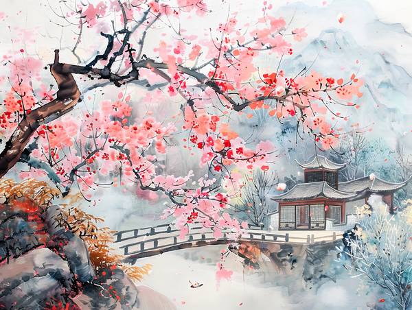 Zeit der Kirschblühte in China mit Tempel und Brücke über das Wasser von Anja Frost