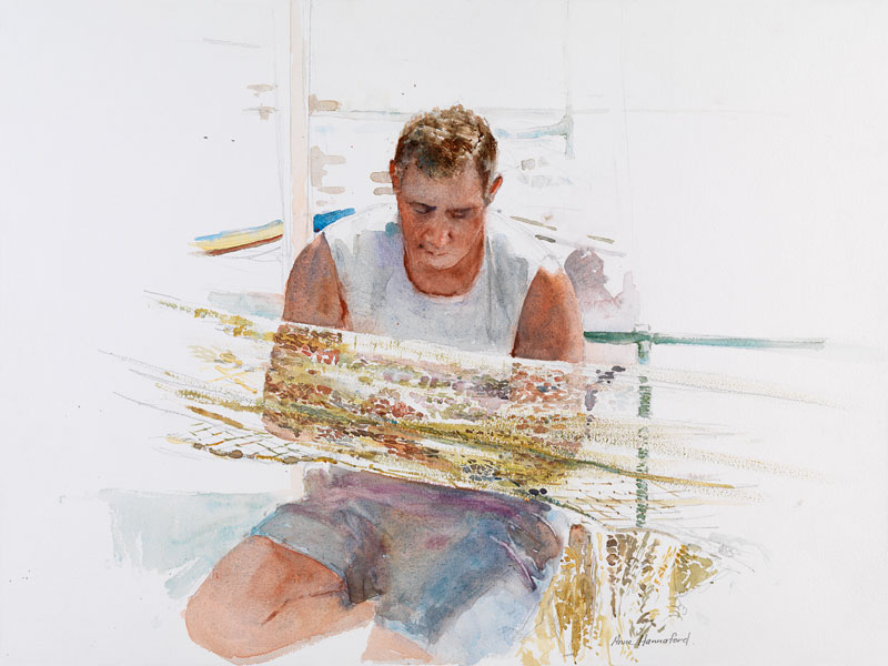 Fisherman mending net von Anne Hannaford 