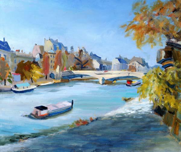 Barge sailing down the river Seine in Paris (oil on canvas) 