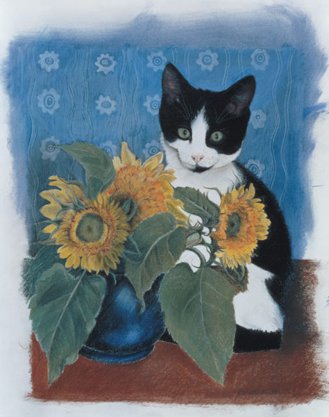Chess and Sunflowers (pastel on paper)  von Anne  Robinson