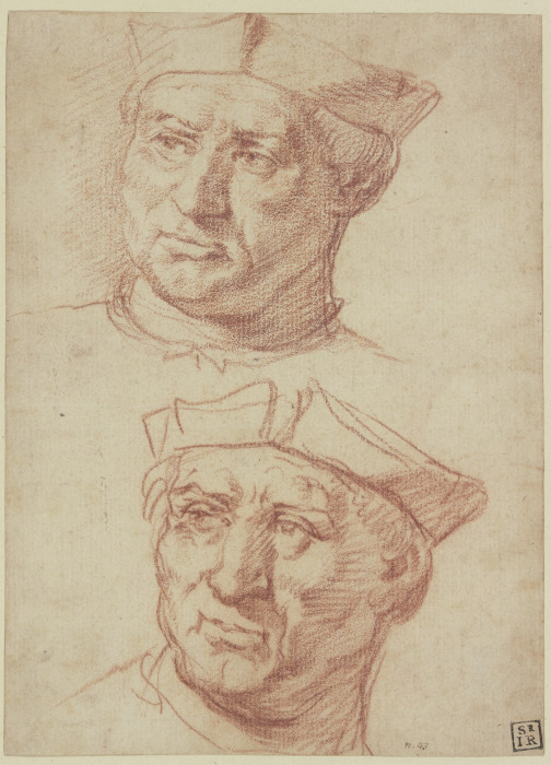 Mann mit Barett, der obere Kopf eine Wiederholung des unteren von späterer Hand von Annibale Carracci
