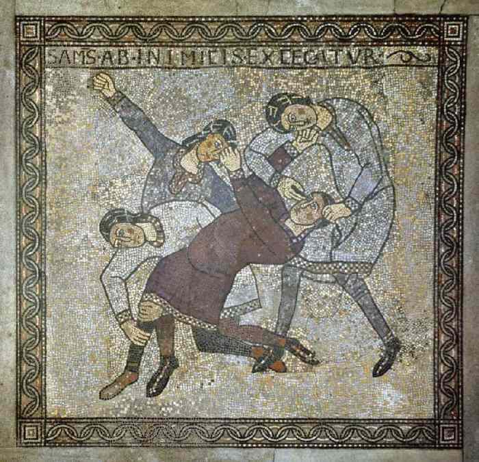 Blendung Samsons, Mosaikfußboden in der Krypta von Anonym Romanisch