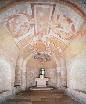 The Crypt, from the earlier church of 1030, with frescoes of Christ on a white horse surrounded by a from the 1