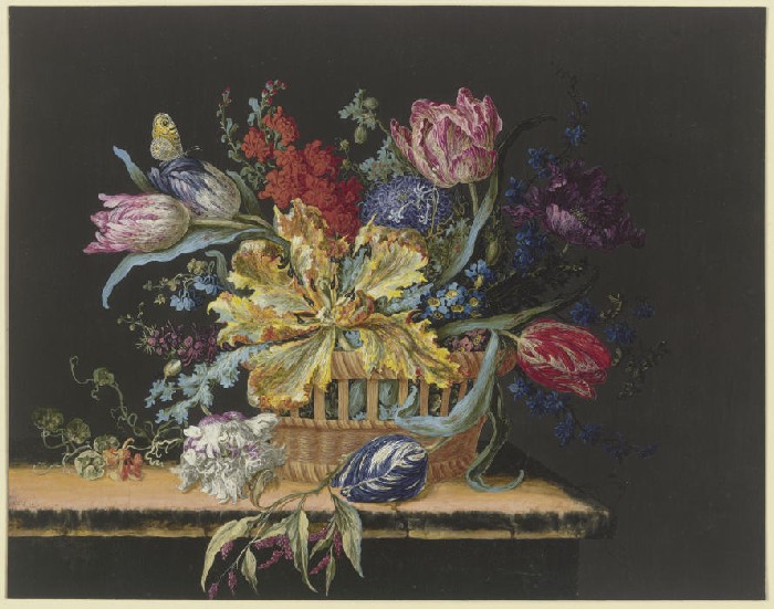 Blumenkorb mit Tulpen, Levkojen, Rittersporn und anderen Blumen auf einem Tisch von Anonym