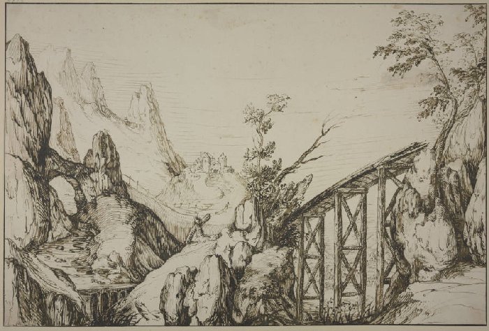 Felsige Landschaft, rechts eine steile Holzbrücke von Anonym