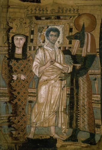 Jüngling im Totengewand. Rechts seine Mumie als Osiris, links Gott Anubis. von Anonym (Ägyptisch)