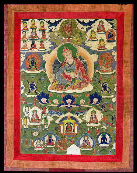 1952/3 Thangka of Padmasambhava with thirty-one major and several minor Figures depicting Padmasambh von Anonymous
