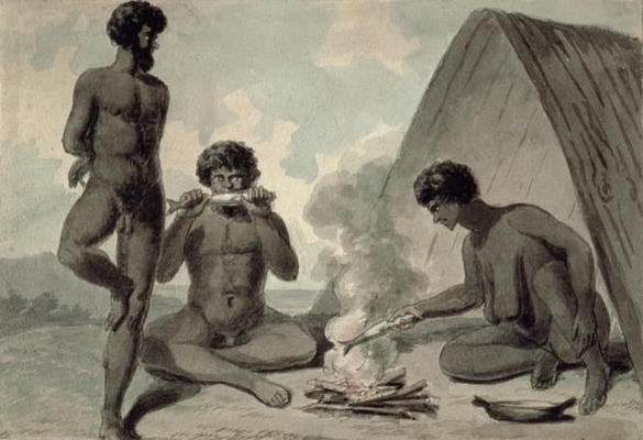 Aborigines eating fish in front of a campfire, possibly by Philip Gidley King (1758-1808) (w/c) von Anonymous