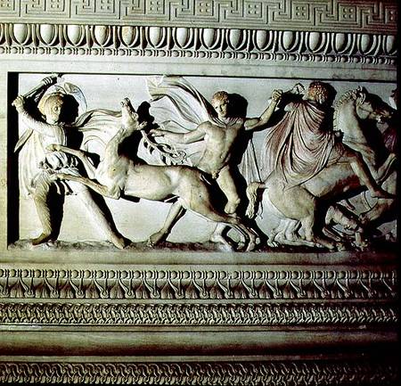 Alexander Sarcophagusdetail of frieze depicting two men killing a deer von Anonymous