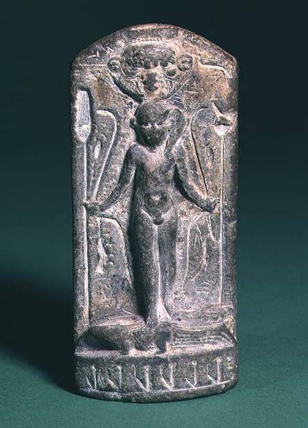 Cippus depicting a nude sun-god Horus on the front, holding sceptres and snakes in both hands and st von Anonymous