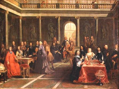 Queen Christina of Sweden (1626-89) surrounded by courtiers and men of learning von Anonymous