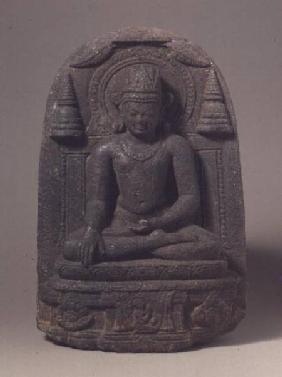 1963-30 Carved figure of a seated crowned Buddha in royal preaching posture from Bihar India