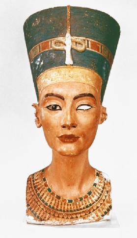 Bust of Queen Nefertiti, front view, from the studio of the sculptor Thutmose at Tell el-Amarna 18th dynas
