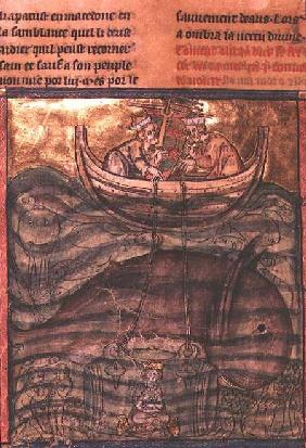 Alexander the Great (356-323 BC) being lowered to the sea-bed in a glass "cage" where the fish crowd 1506