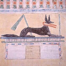 Anubis, Egyptian god of the dead, lying on top of a sarcophagus, wall painting in the Valley Temple 4th Dynast