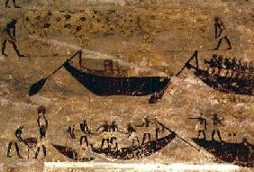 Boats going downstream, detail from a tomb wall painting,Egyptian Old to Mid