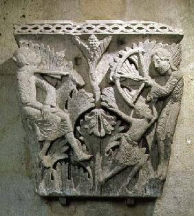 Capital depicting a man shooting an arrow into the neck of another c.1125-30