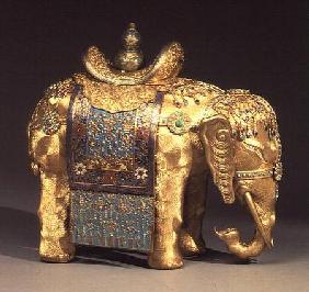 Chinese gilt-bronze figure of an elephant, with enamel trappings and coral and turquoise cabochons, c.1780