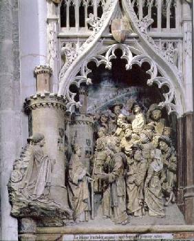 Choir-screen, detail of reliefs on south side depicting a scene from the life of St. Firmin (Firminu 1489-1530