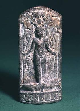 Cippus depicting a nude sun-god Horus on the front, holding sceptres and snakes in both hands and st 305-30 BC