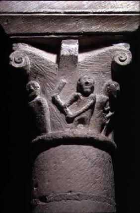 Column capital depicting several figures, one with an axe, from the crypt,Norman c.1090