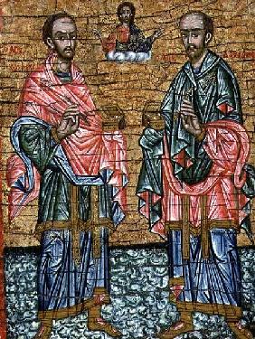 St. Cosmas and St. Damian, patron saints of doctors,Cretan icon 17th centu