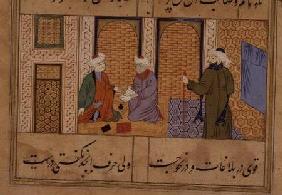 Folio 190, Two persons conversing, from 'the Bustan of Sa'di', inscription reads 'The work of Haji M 1500