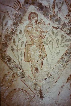Fresco of a man in a Roman tunic playing a flutefrom the Apodyterium early 8th