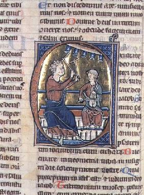 Historiated initial 'C' depicting two musicians, one playing the viol and the other the bell chimes 13th centu
