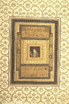 Jahangir holding a picture of the Madonna, inscribed in Persian: Jahangir Shah,Moghul 1620