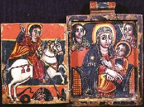 Madonna and child and St.George and the Dragon, double sided diptych (obverse),Ethiopian Coptic icon early 18th