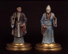 Pair of chinese terracotta figures, one male, one female,with nodding heads 18th centu