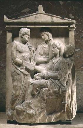 Phainippos and Mnesarete gravestone showing family reunion and hand-shake, Classical Greek Attic peri