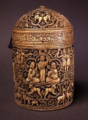 Pyx with relief depicting the pleasures of courtly lifefrom Cordoba 968 AD