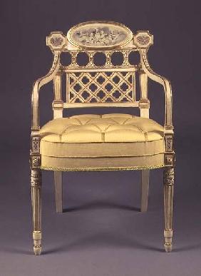 Recency armchair, cream-painted,parcel-gilt frame with grisaille painting of cherubs on oval tablet c.1802