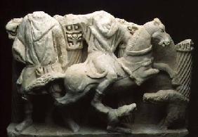 Roman fragmentary relief from a large sarcophagus depicting a boar hunt in high relief c. 3rd cen