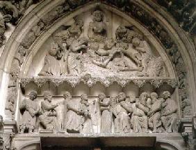 Tympanum depicting (top) an exorcism and (below) the Presentation in the Temple 13th centu