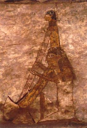 Woman playing an arched harp, detail from a tomb wall painting,Egyptian Old to Mid