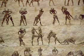 Wrestlers, detail from a tomb wall painting,Egyptian Old to Mid