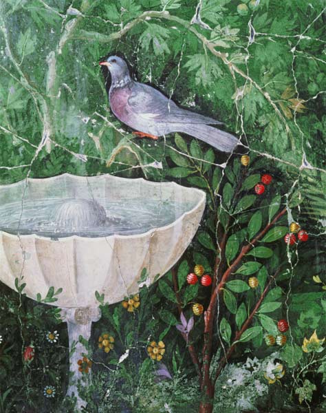 Wall painting of a dove in a garden by a fountain von Anonymus