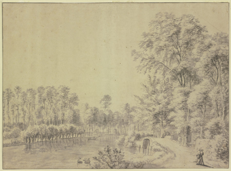 Ein Teich mit Bäumen eingefasst, rechts bei einer Brücke auf einer Ruhebank sitzt ein Mann mit einem von Anthonie Waterloo