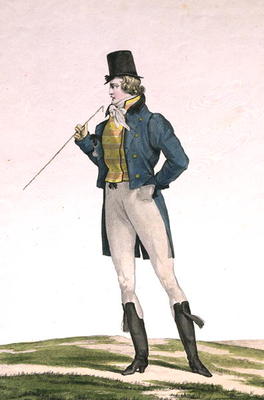 A Dandy in a Robinson hat, with childlike curls, knitted trousers, and riding boots, plate 5 in the von Antoine Charles Horace Vernet