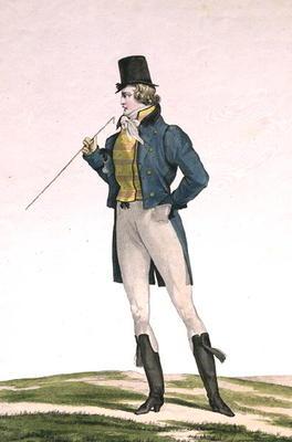 A Dandy in a Robinson hat, with childlike curls, knitted trousers, and riding boots, plate 5 in the 17th