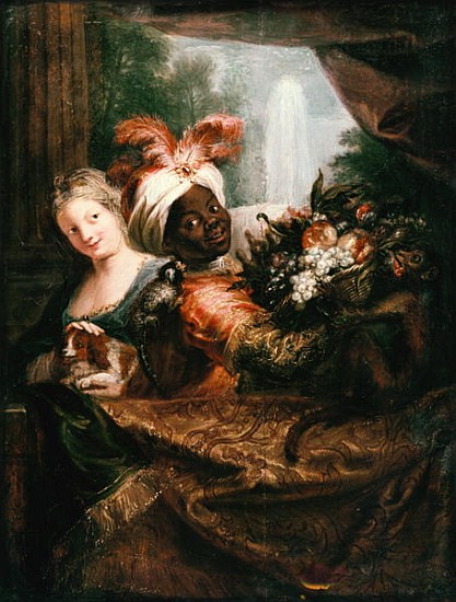 Young Black Man Holding a Basket of Fruit and a Young Girl Stroking a Dog von Antoine Coypel